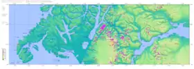 La péninsule de Taitao (à gauche). La carte SRTM ne montre pas la connexion existant entre la Laguna San Rafael et le canal Moraleda.