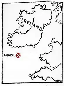 dessin d'une carte, une croix rouge indiquant la position du naufrage, au sud de l'Irlande