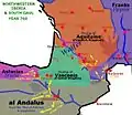 Carte politique en 760 et batailles des armées d'Al Andalus.