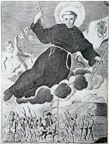 Image en noir et blanc montrant un personnage auréolé, portant une toque bénédictine noire, brandissant une croix de la main droite, planant sur des nuages au dessus d'un groupe de cavaliers armés.