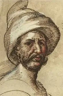 Portrait dessiné au crayon représentant un homme barbu portant une coiffe.