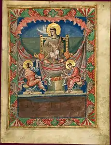 Folio 3r, Saint Grégoire dictant sous l'inspiration de la colombe du Saint Esprit à ses scribes