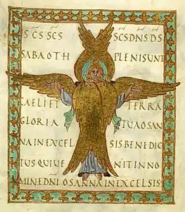 Miniature représentant un séraphin à six ailes déployées et au visage encadré par des têtes d’aigle, de lion et de bœuf (Ezech.1, 10), folio 15r.