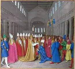 Le pape, entouré des cardinaux, dépose la couronne sur la tête de Charlemagne, agenouillé, devant la foule dans une vaste église