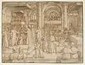 Le sacre de Louis XIII par Fr. Quesnel, dessin préparatoire à une estampe de Pierre Firens (BnF, Département des Estampes et de la Photographie, Réserve B-6e-boîte in-folio)