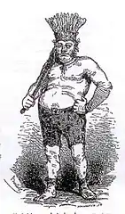 Gravure figurant un homme torse-nu et ventru avec un gourdin sur le dos et une coiffe de plumes