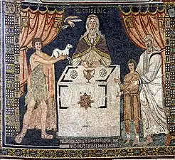 Melchisédech au centre, Abel à sa droite, Abraham et Isaac à sa gauche