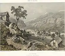 Saint-Étienne-de-Tinée après son rattachement à la France, lithographie de Félix Benoist, extraite de l'ouvrage Nice et Savoie, publié en 1864.