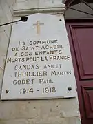 Plaque 1914-1918 sur l'église.