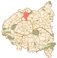 Carte de la petite couronne parisienne, avec le territoire de Saint-Denis en rouge.