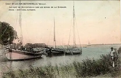 Gabares dans le port de Beychevelle vers 1910.