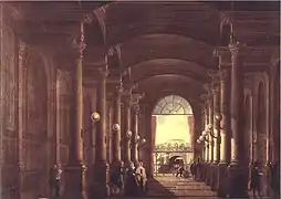 Vue intérieure (salle d'attente) de la gare Saint-Lazare (1845). Au loin, l'« embarcadère » place de l’Europe.