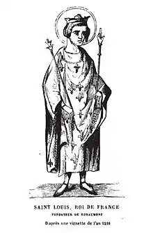 Gravure représentant Louis IX portant le sceptre et les attributs royaux, ainsi qu'une auréole.