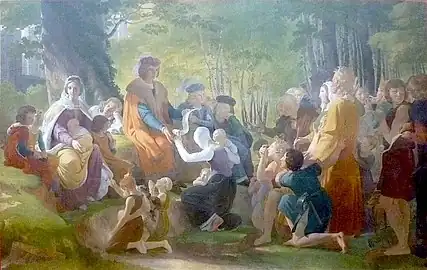 Tableau de style néo-classique représentant Louis IX assis sous un chêne au milieu de suppliants.