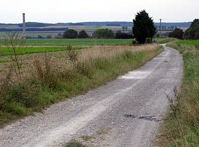 Vue de la vallée depuis l'ancienne voie romaine, la chaussée Brunehaut, descendant vers Saint-Ouen.
