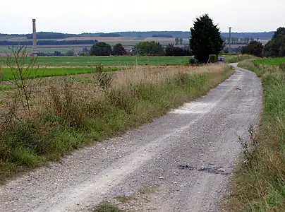 Dernières centaines de mètres (en pente légère) de chemin caillouteux avant d’atteindre les premières maisons de Saint-Ouen.