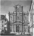 La fontaine devant la façade de l'église Saint-Paul-Saint-Louis.