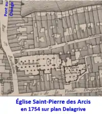 L'église Saint-Pierre-des-Arcis en 1754 sur le plan Delagrive.