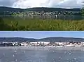 Vue du village depuis la rive droite du Lac de Saint-Point en été et en hiver.