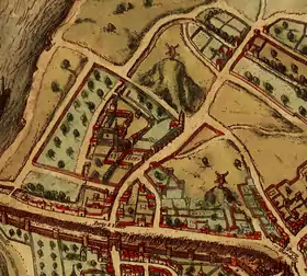 Plan de l'abbaye Saint-Victor de Paris. Extrait du Civitates Orbis Terrarum publié à Cologne en 1572 : on y aperçoit le « moulin de la Tournelle » sur la « butte Coypeau ».