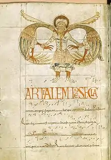 Page d'un manuscrit médiéval avec notation musicale et une enluminure représentant un personnage ailé