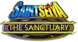 Logo anglais du jeu composé de lettres bleus et jaune formant « Saint Seiya » et en or au dessus d'un motif « The Sanctuary ».