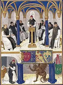 Saint Bernard au pupitre devant des moines dans une salle voûtée au-dessus du même Bernard tenté par le diable.