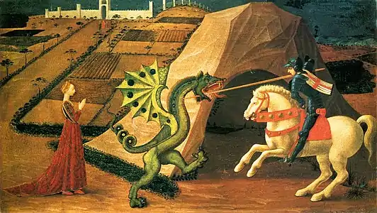 Saint Georges terrassant le dragon porte les couleurs de la croix de Saint Georges, par Paolo Uccello (1439-1440).