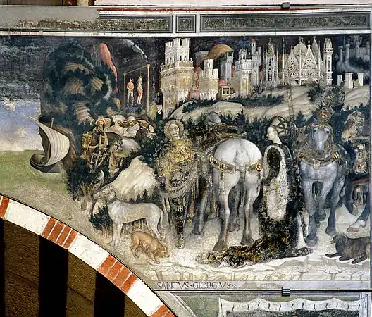 La partie droite de la fresque. Au centre, debout : saint Georges. À droite, le regardant, la princesse de Trébizonde. Le cavalier à l'extrême droite est le roi.