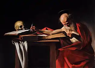 Peinture. Un vieil homme en toge rouge écrit dans un livre, un crâne posé devant lui.