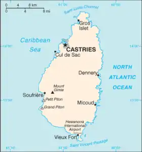 Carte de Sainte-Lucie avec les Gros et Petit Piton dans le Sud-Ouest de l'île
