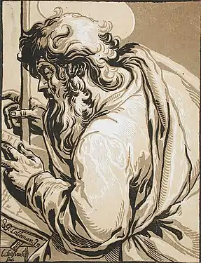 St Matthieu, gravure sur bois en clair-obscur d'après Georges Lallemand.