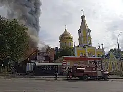 Eglise st-Nicolas classée touchée par un obus russe.