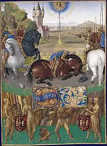 Saint Paul sur son cheval terrassé dans un convoi de cavalier se dirigeant vers une ville.