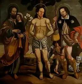 Huile sur toile représentant saint Joseph, saint Sébastien et saint Roch.