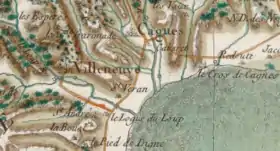 Emplacement du prieuré de Saint-Véran du Loup sur la carte de César-François Cassini (feuille N°169 publiée en 1780).