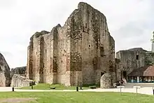 Photographie d'ensemble du donjon quadrangulaire.