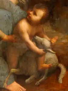 Peinture représentant un bébé agrippant un agneau.
