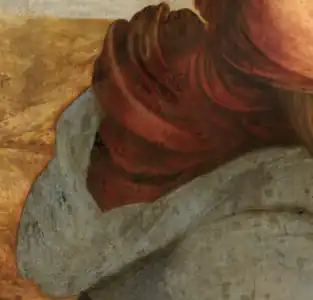 Peinture tachée représentant la hanche d'une femme aux vêtements amples.