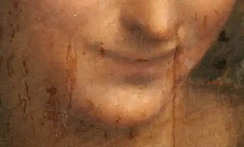 Peinture tachée représentant le bas d'un visage féminin.