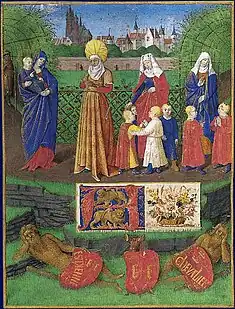 Sainte Anne dans une robe jaune entourée de trois femmes et sept enfants dans un décors de jardin clos et de tonnelles.