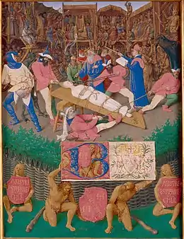 Sainte serrée sur une planche avec deux bourreaux lui tirant cheveux et dents, au milieu d'une scène de théâtre.
