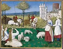 Jeunes filles dans un pré avec des moutons dont une avec une quenouille, des cavaliers approchant au loin.