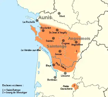 Carte représentant l'aire linguistique du Saintongeais dans les Charente et le Nord-Gironde