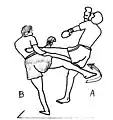 Saisie de jambe et riposte en ligne basse (boxe thaïe).