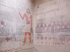 Bas-reliefs peints dans le mastaba du vizir Kagemni à Saqqarah (VIe dynastie).