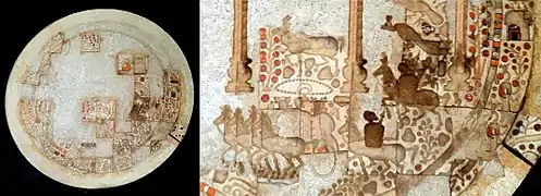 Plaque indienne d'Aï Khanoum. Plaque d'origine indienne, coquillage, verre de couleur et feuille d'or