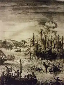 gravure en noir et blanc d'une bataille navale