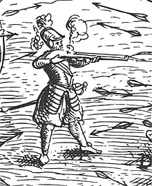 Champlain au combat, détail de la gravure Deffaite des Yroquois au Lac de Champlain (1609).