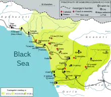 Carte anglophone de la Mingrékie, représentant l'ouest de la Géorgie et l'est de la Mer Noire.